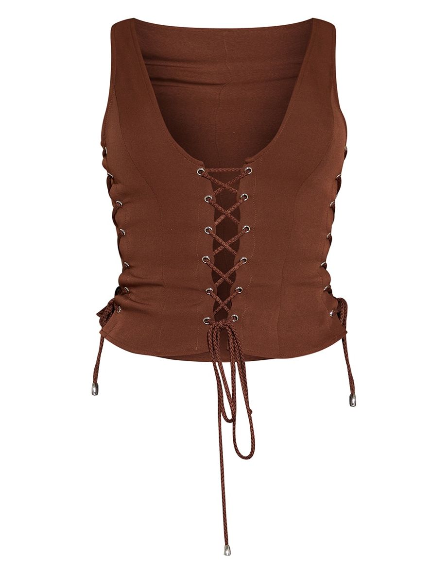 Chocolate Woven Lace Up Detail Plunge Sleeveless Top - 4