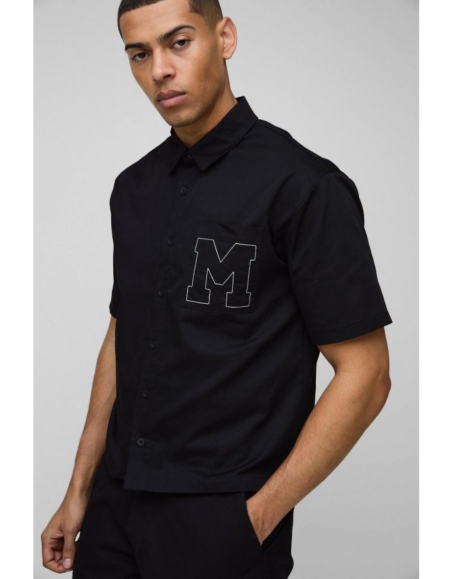 Oversized Boxy Short Sleeve Embroidered Shirt - black - 2