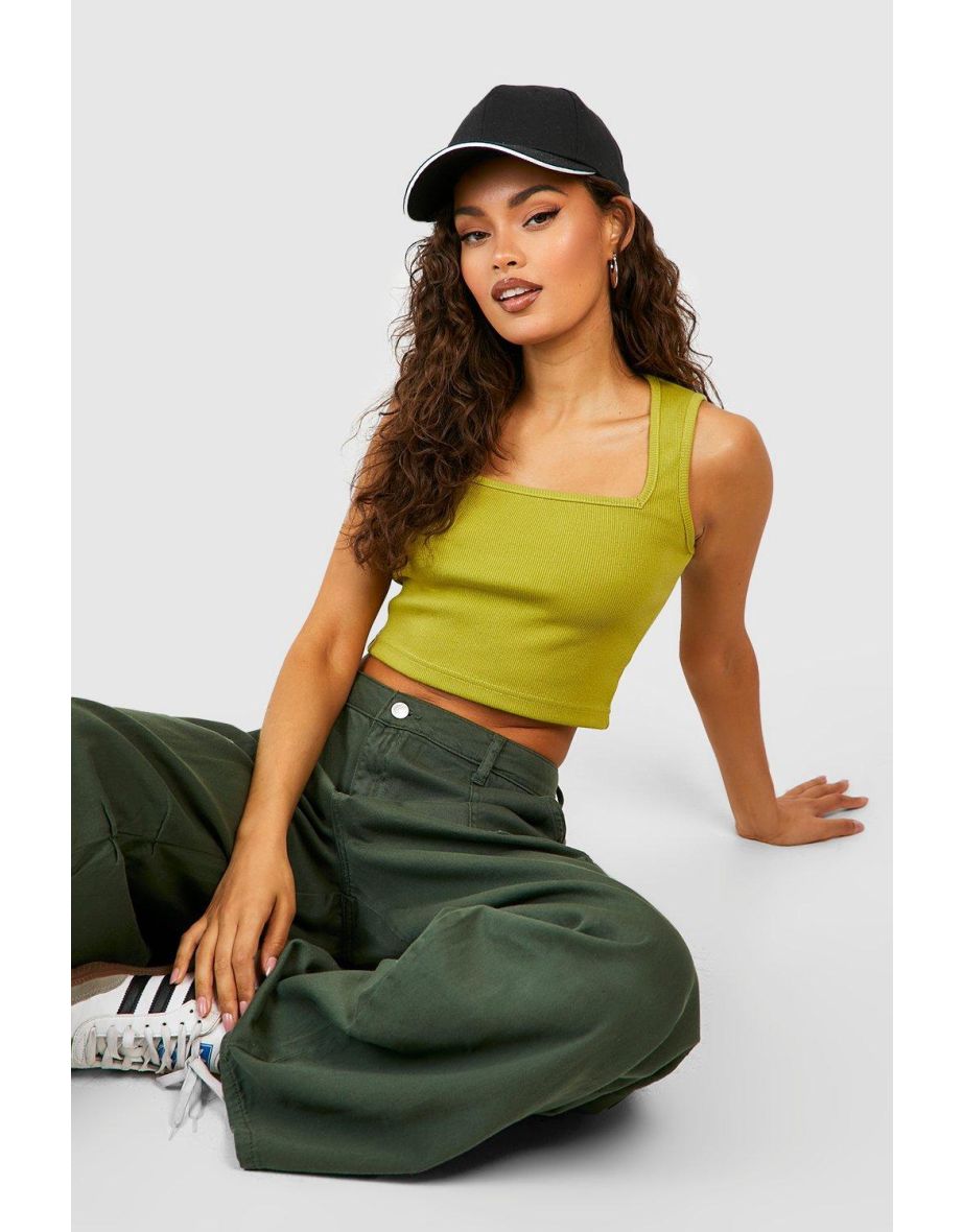 Square Neck Rib Crop Top - chartreuse