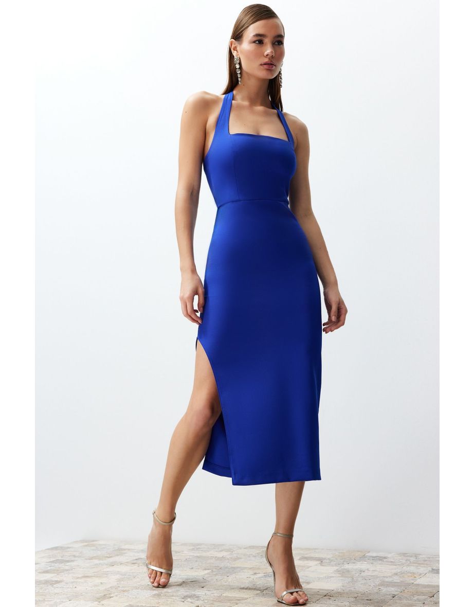 Navy Halter Neck Column Midaxi Evening Dress