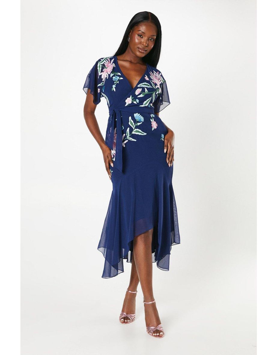 Floral Embroidered Wrap Bodice Dipped Skirt Dress