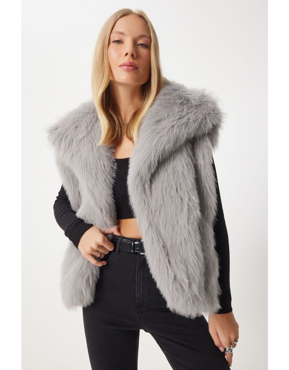 Women's Stone Grey Faux Fur Vest
