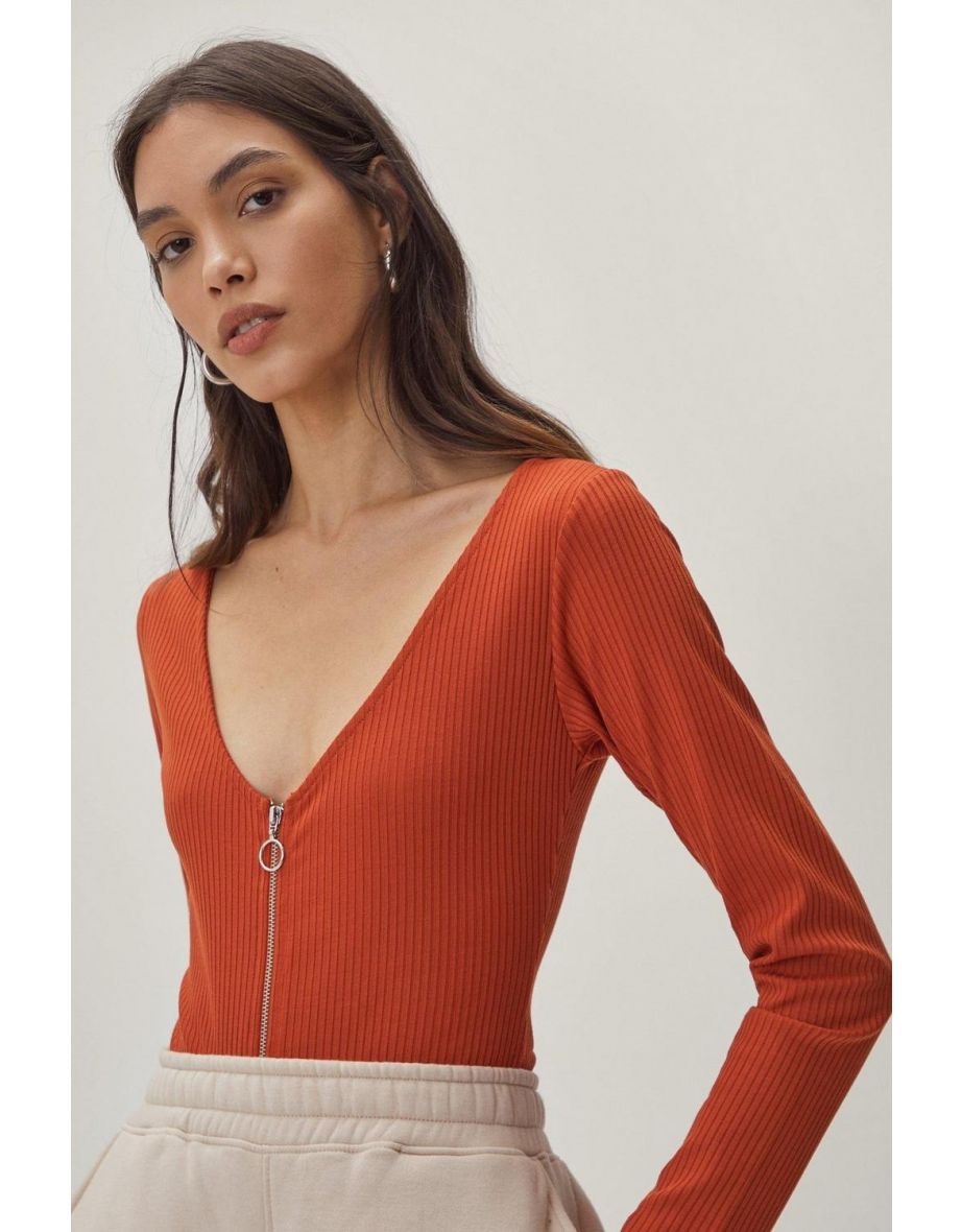 Recycled Rib Scoop Neck Zip Front Bodysuit - rust