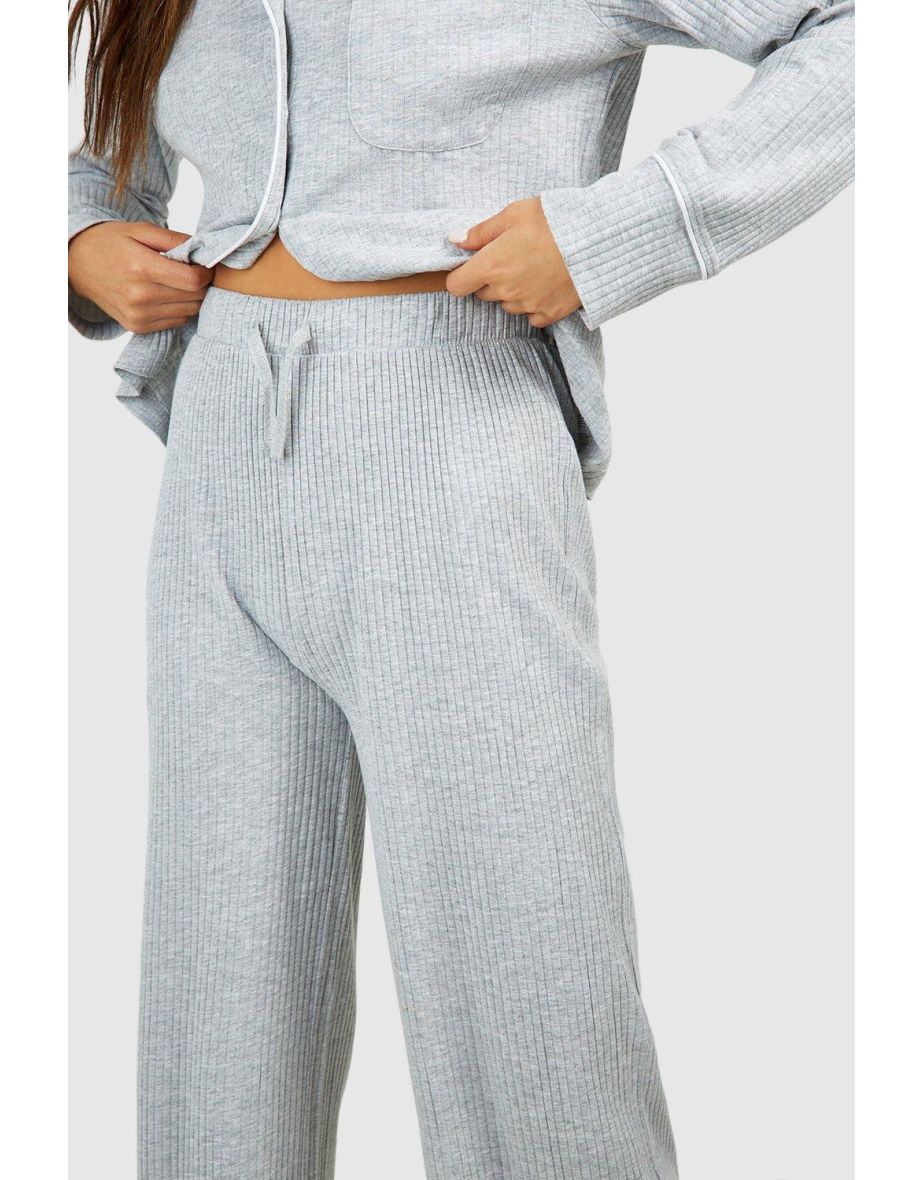 Rib Tie Waist Lounge Trouser - grey marl - 3