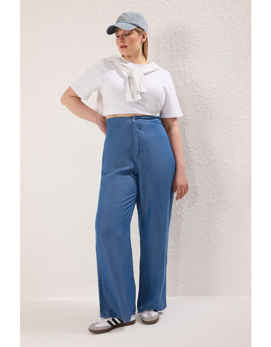 Dark Blue High Waist Wide Leg Summer Tencel Plus Size Wide Leg Jeans