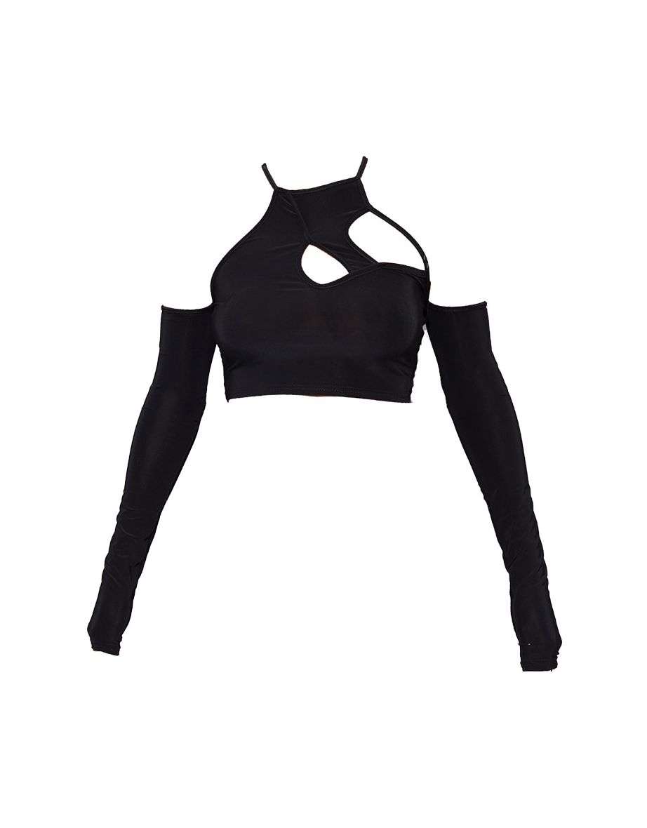 Black Slinky Asymmetric Cut Out Detail Long Sleeve Crop Top - 4