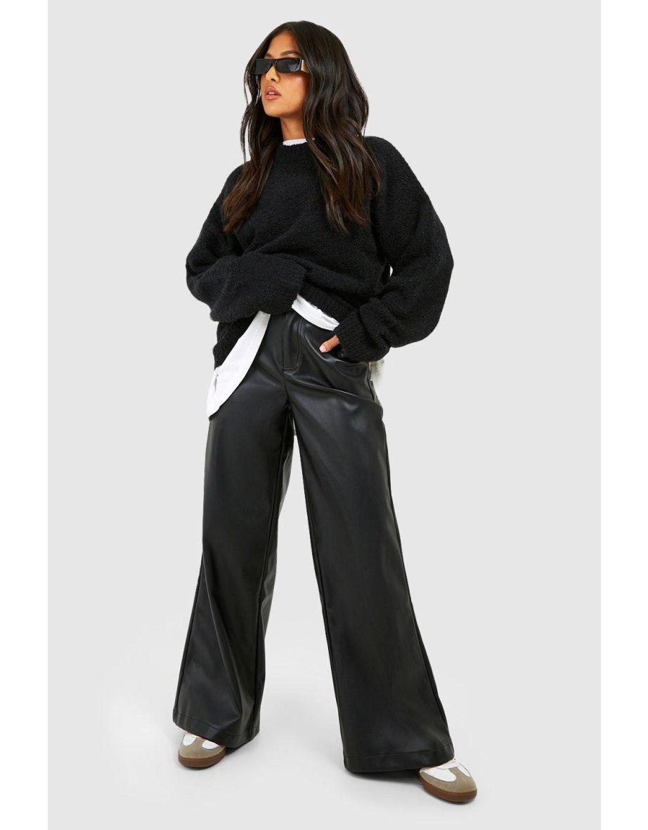 Shop Petite Leather Look Wide Fit Trousers black Online in Qatar VogaCloset