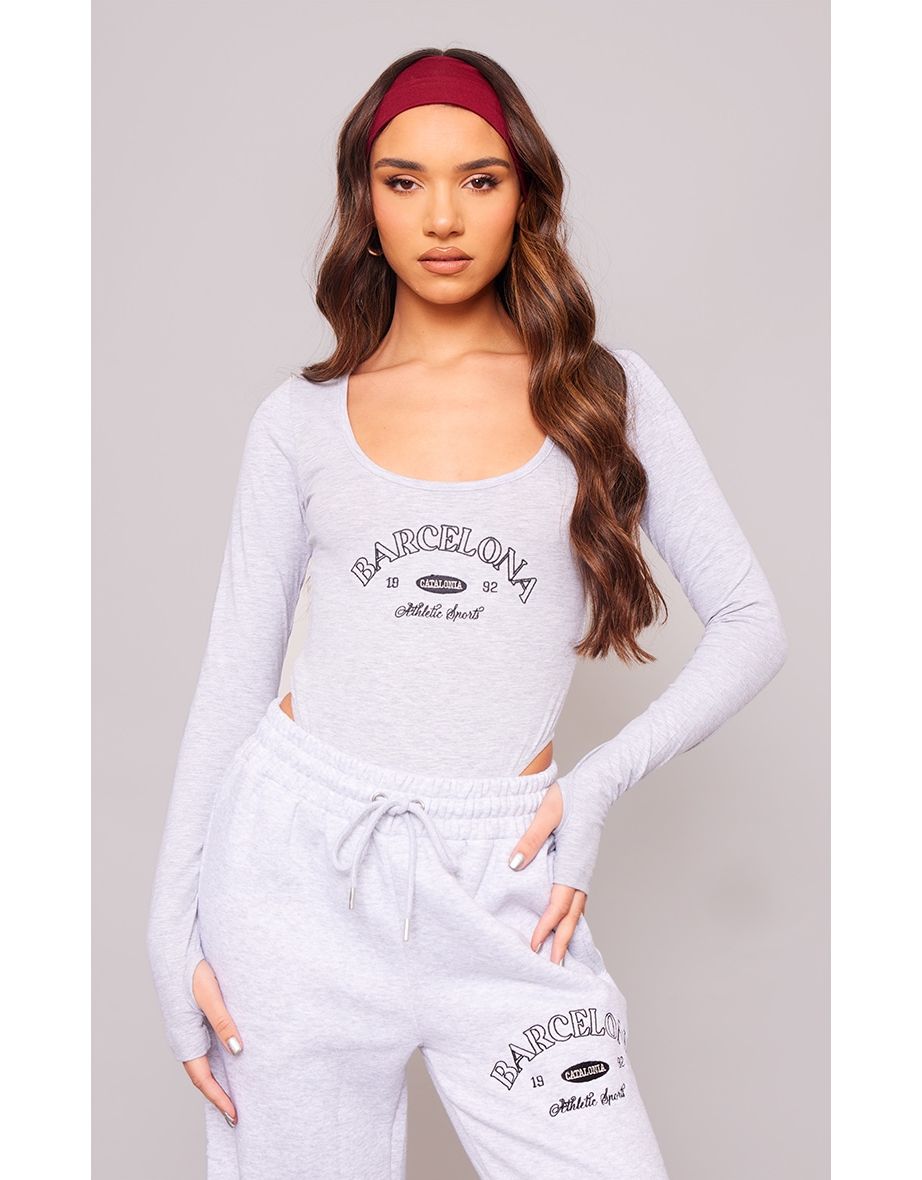 Ash Grey Printed Long Sleeve High Leg Bodysuit