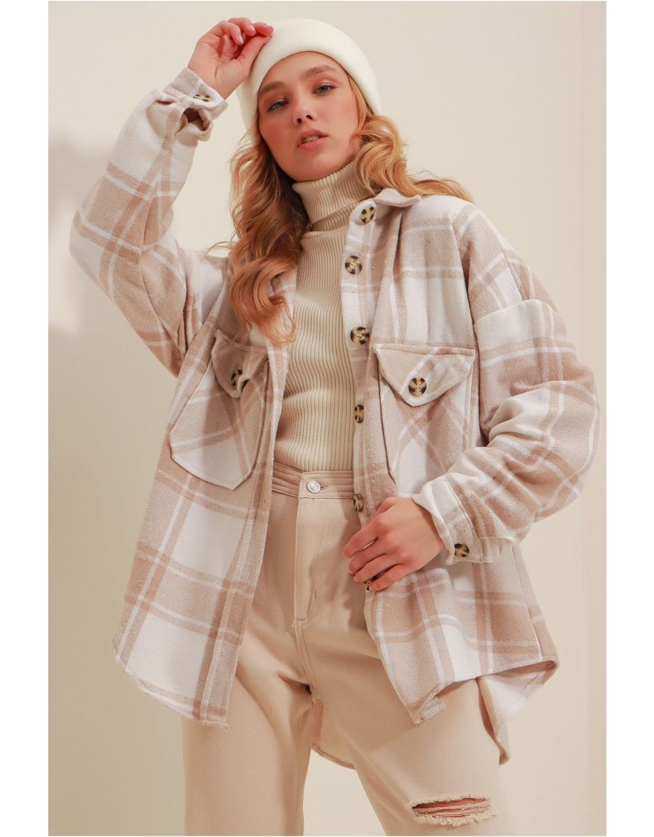 Women's Ecru Beige Checked Patterned Stamped Cotton Oversize Safari Jacket Shirt