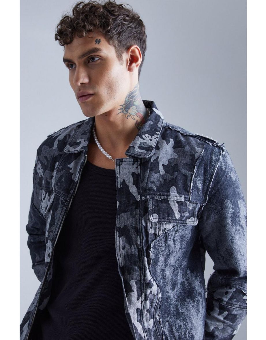 Regular Fit Spliced Camo Denim Jacket - black - 2