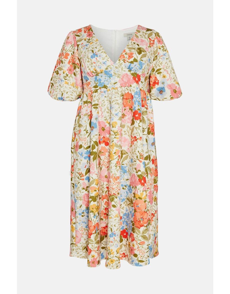 Plus Size Floral Scuba Puff Sleeve Midi Dress - 3