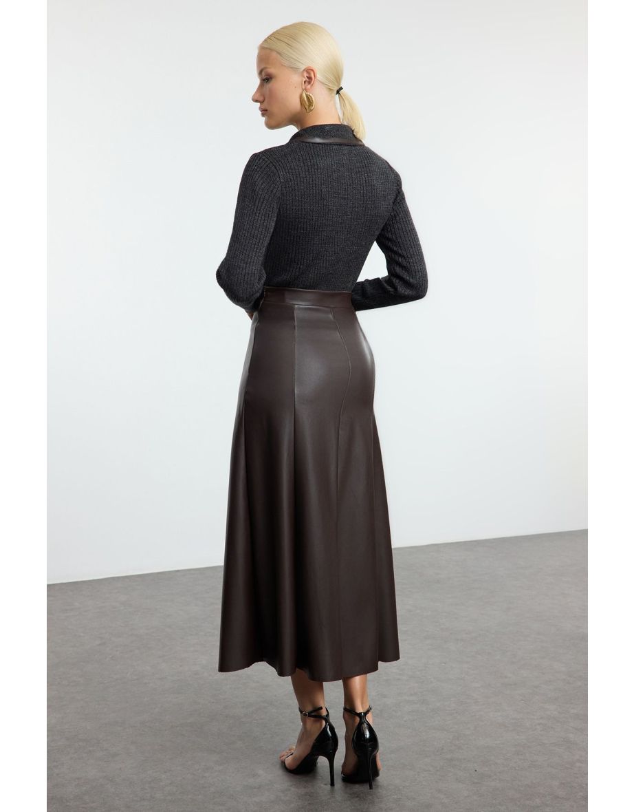 Dark Brown Faux Leather High Waist Maxi Skirt - 4