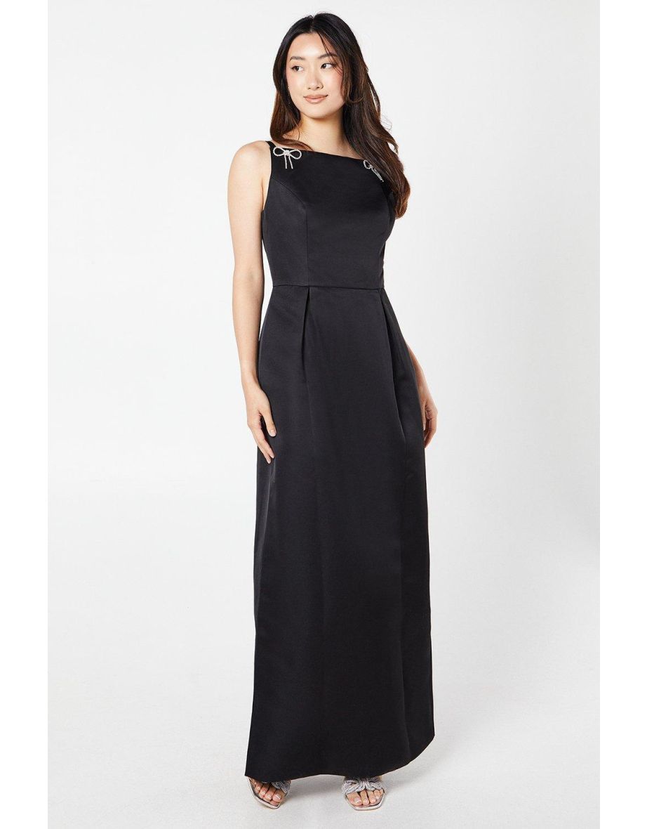 Crystal Bow Trim Square Neck Satin Dress