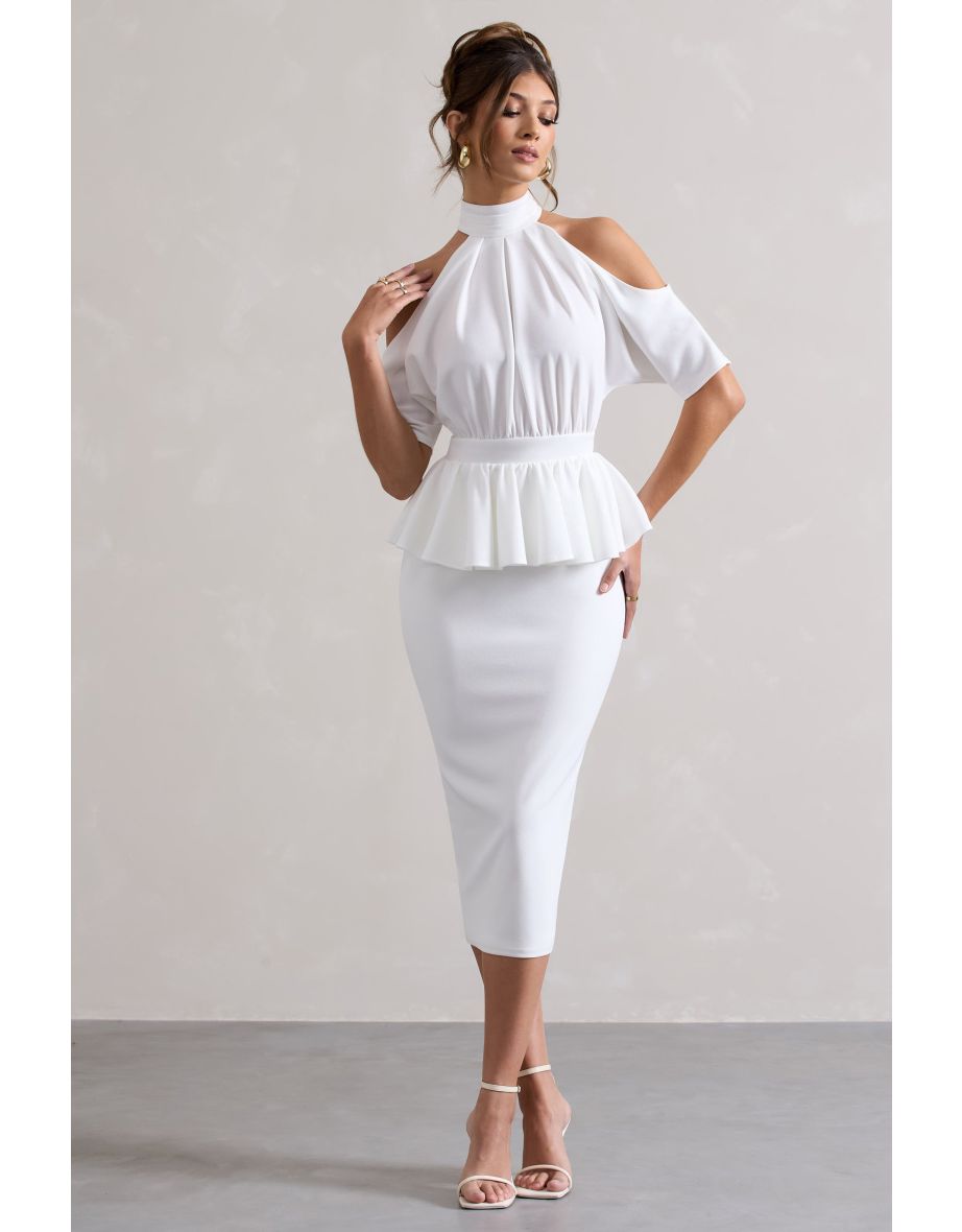 Yves | White High-Neck Cut-Out Midi Dress With Peplum Waist - 4