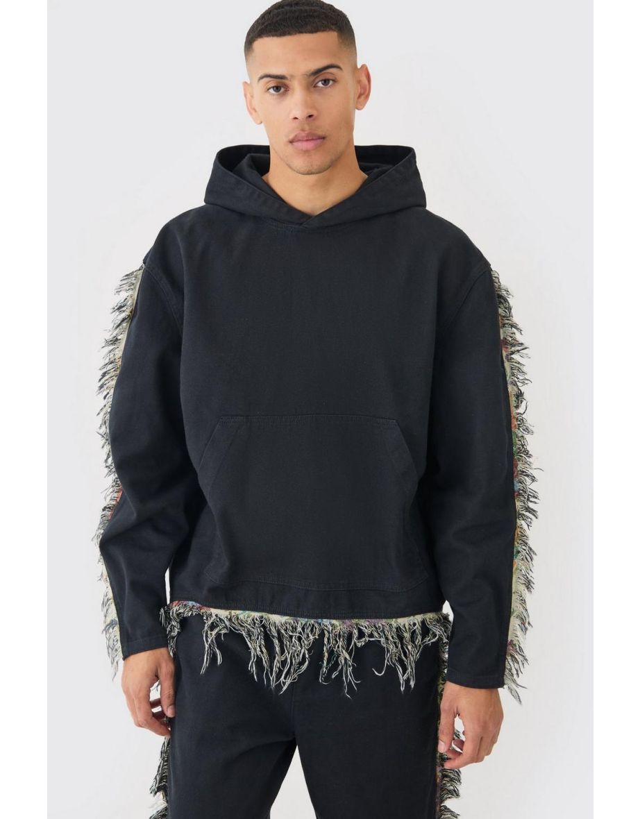 Frayed Tapestry Hooded Overshirt - black