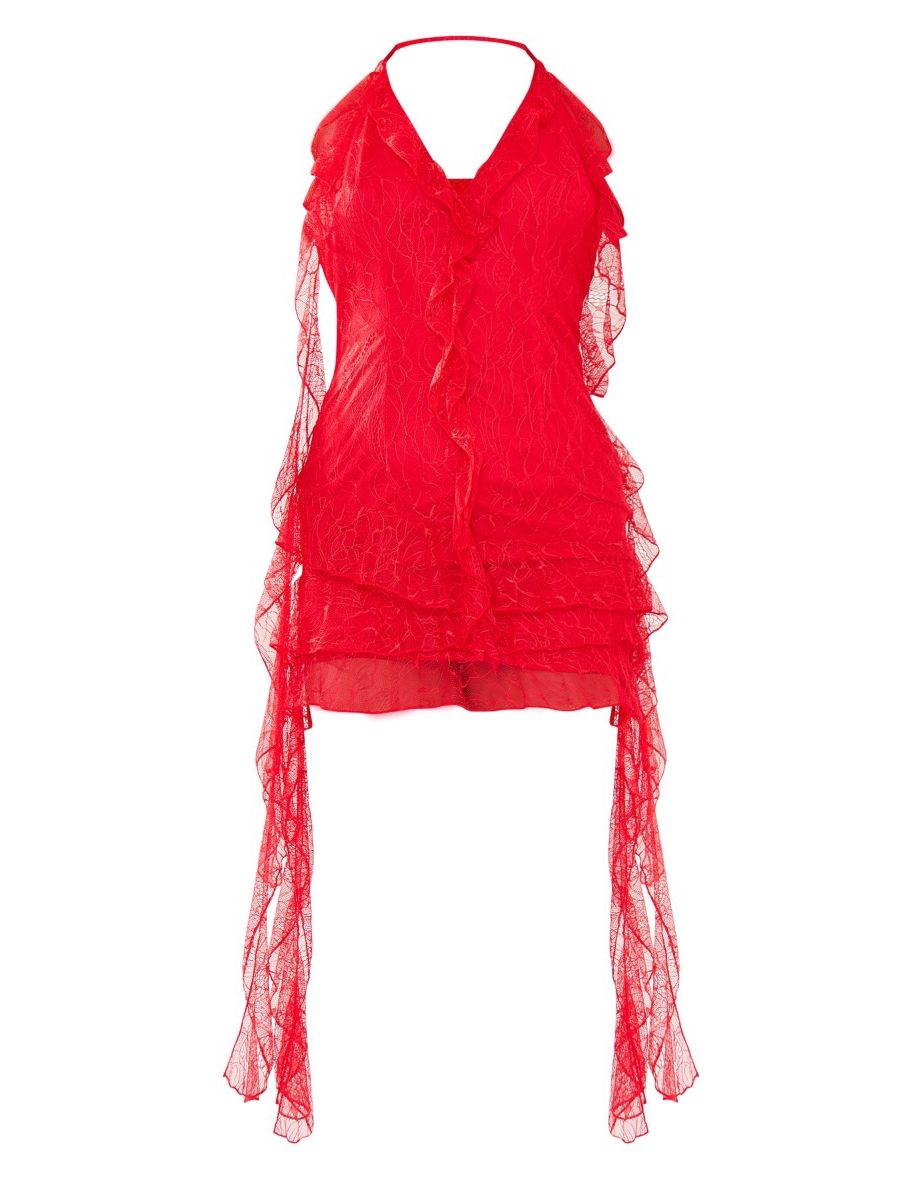 Red Lace Frill Detail Halterneck Backless Bodycon Dress - 4