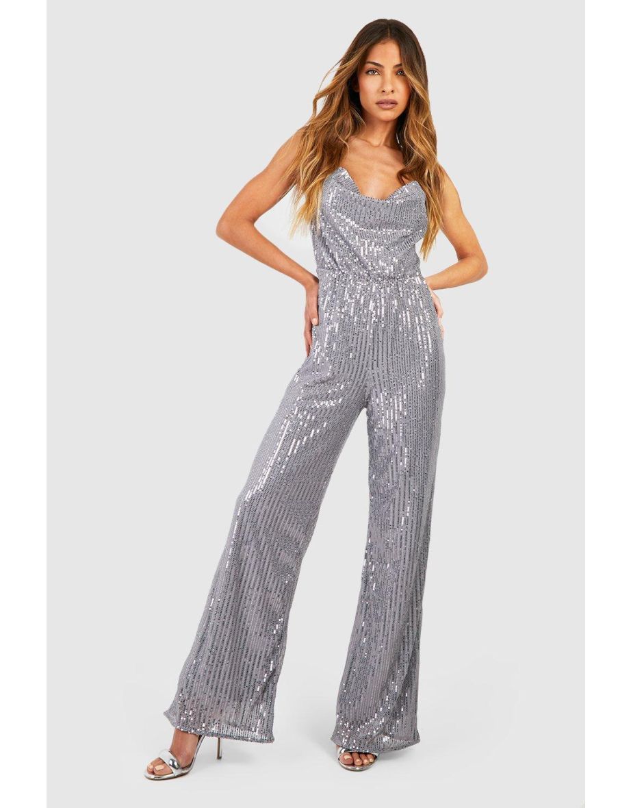Sequin Cowl Neck Wide Leg Jumpsuit - silver