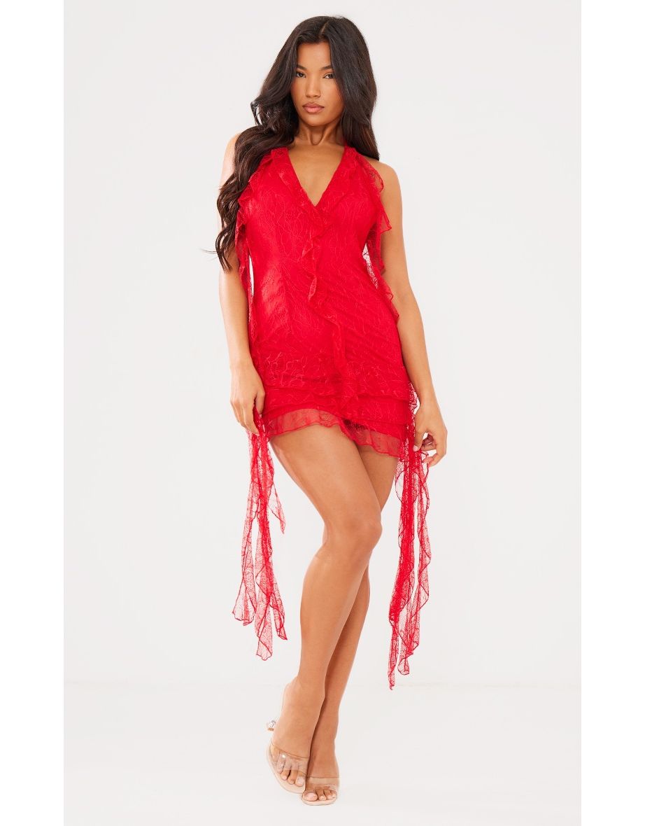 Red Lace Frill Detail Halterneck Backless Bodycon Dress