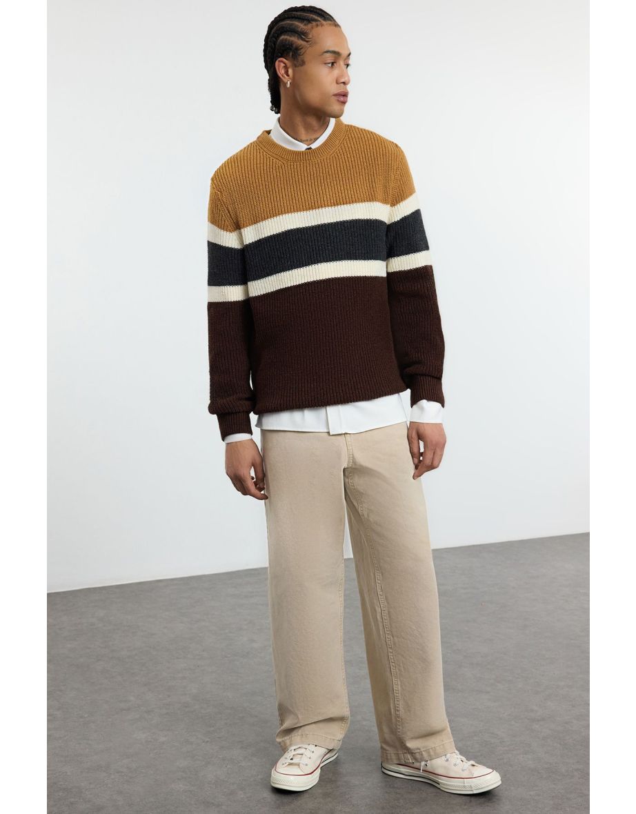 Camel Men's Slim Fit Crew Neck Panelled Knitwear Sweater