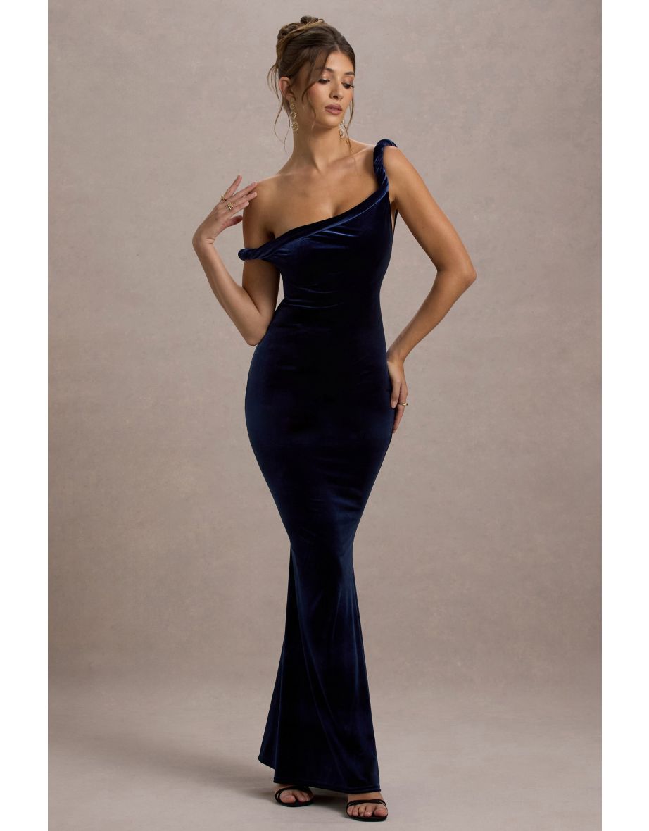 Neeka | Navy Velvet Twisted Asymmetric Dress