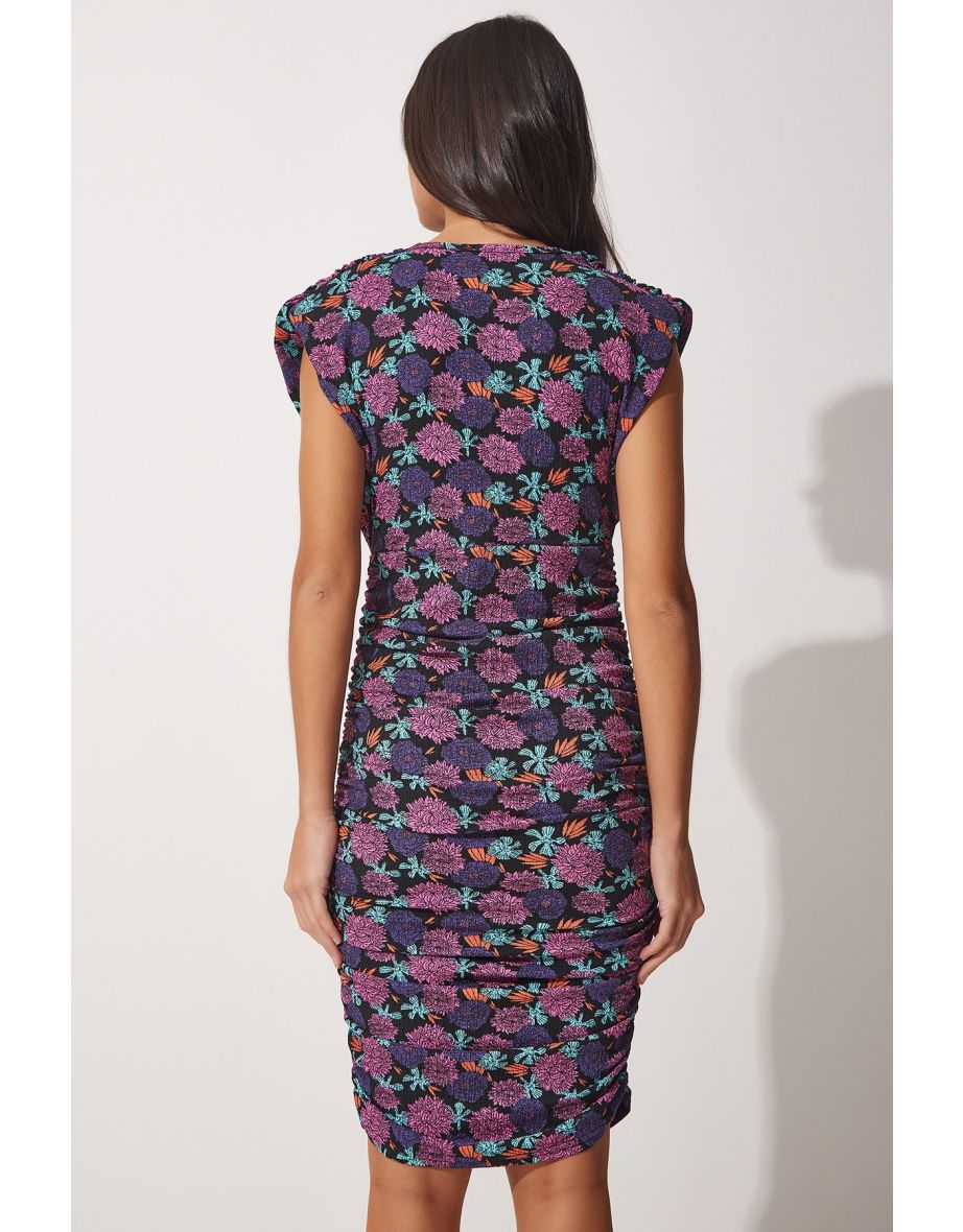 Purple Floral Ruched Bodycon Midi Dress - 5