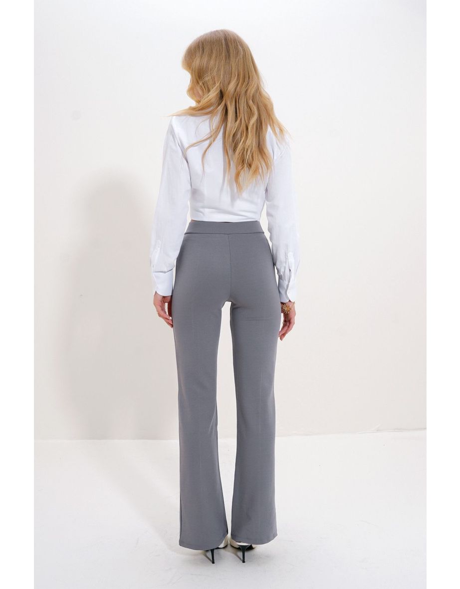 Women's Grey High Waist Front Grass flared Leg Lycra Trousers - 5
