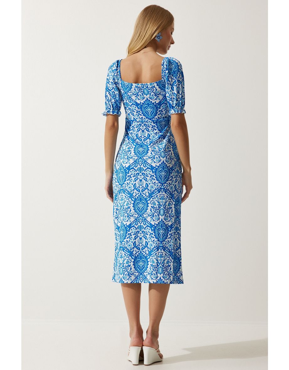 Women's Blue White Elastic Carmen Collar Summer Viscose Dress - 6