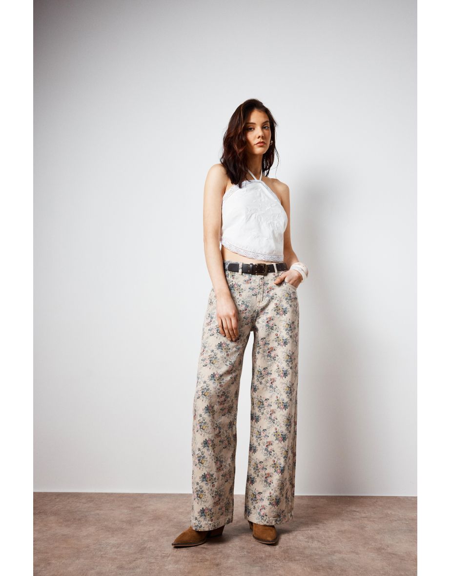 Cotton Embroidered Lace Trim Halter Neck Tie Back Crop Top
