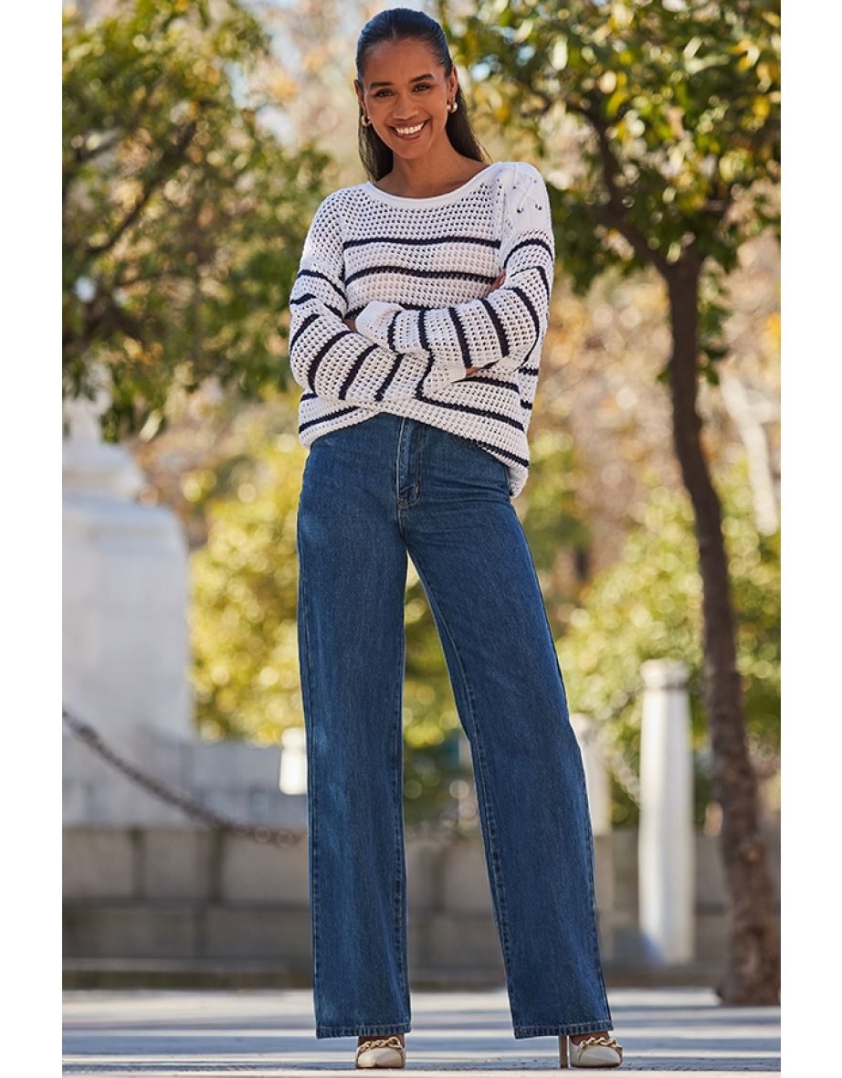 White & Navy Blue Stripe Crochet Jumper