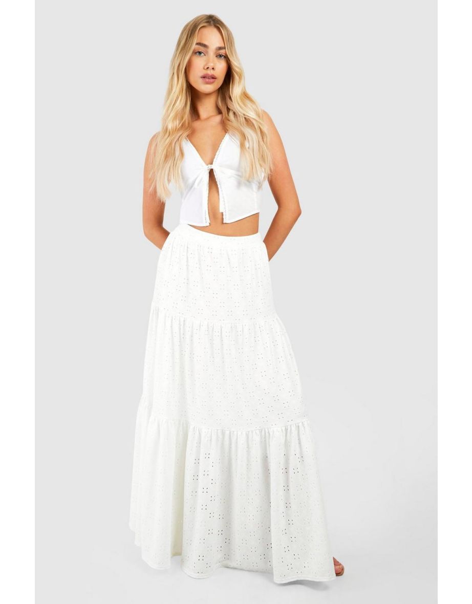 Broderie Tiered Floor Length Skirt - white