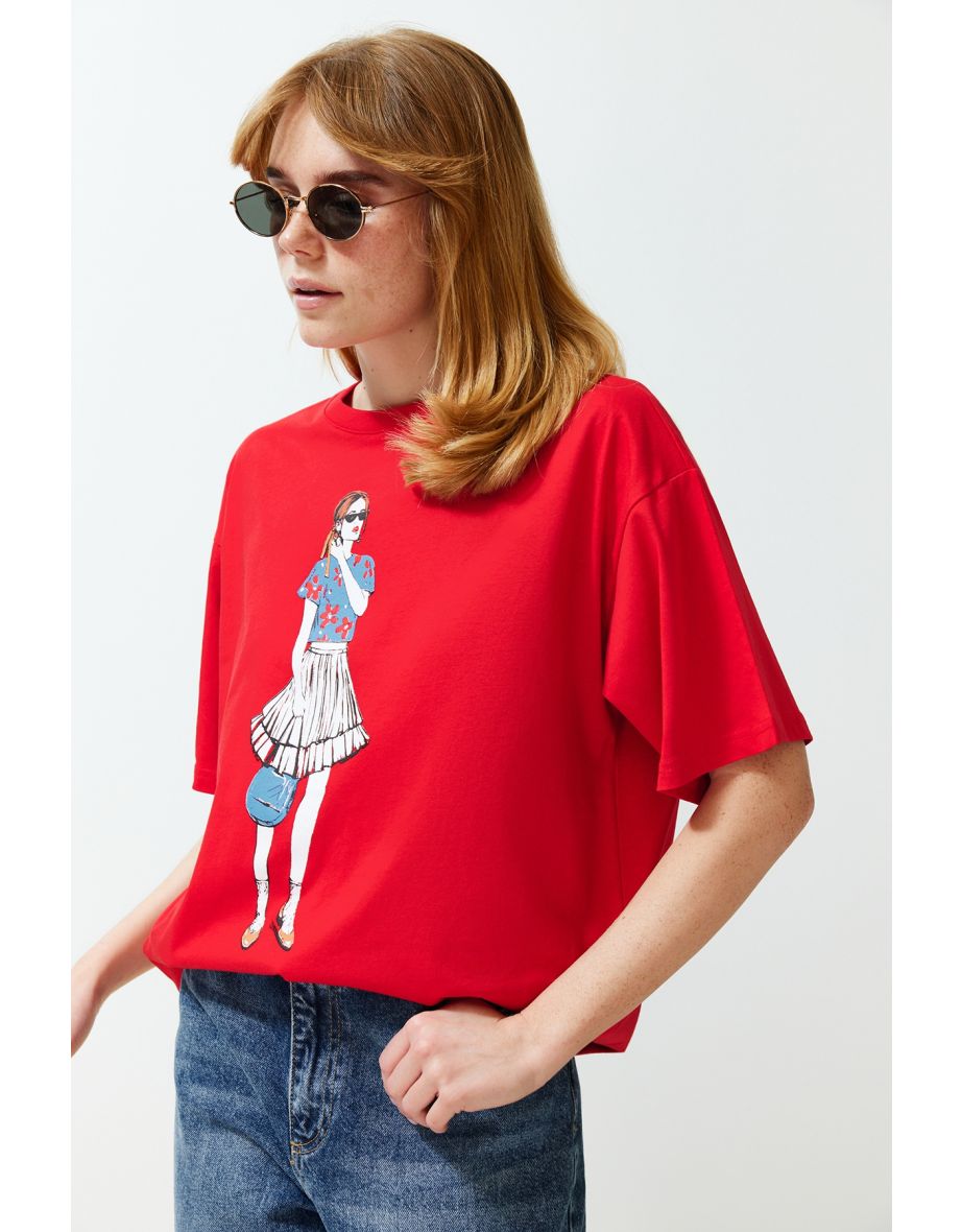 Red Printed Relaxed Crew Neck Knitted T-Shirt