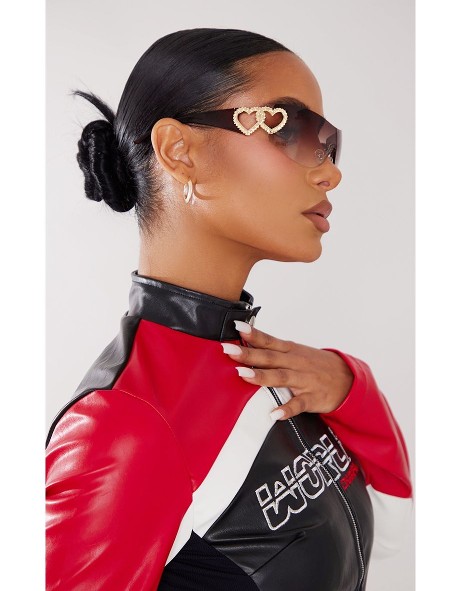 Brown Heart Diamante 90s Visor Sunglasses