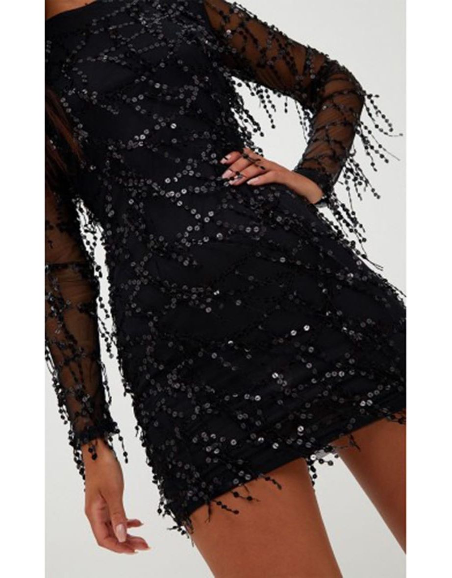Black Sequin Detail Long Sleeve Mini Dress - 4