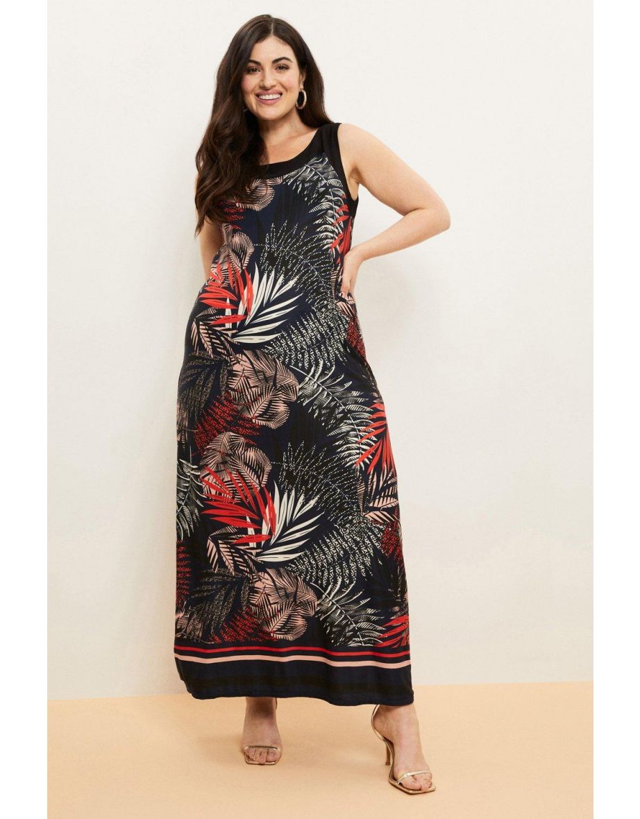 Curve Blue Palm Border Print Maxi Dress