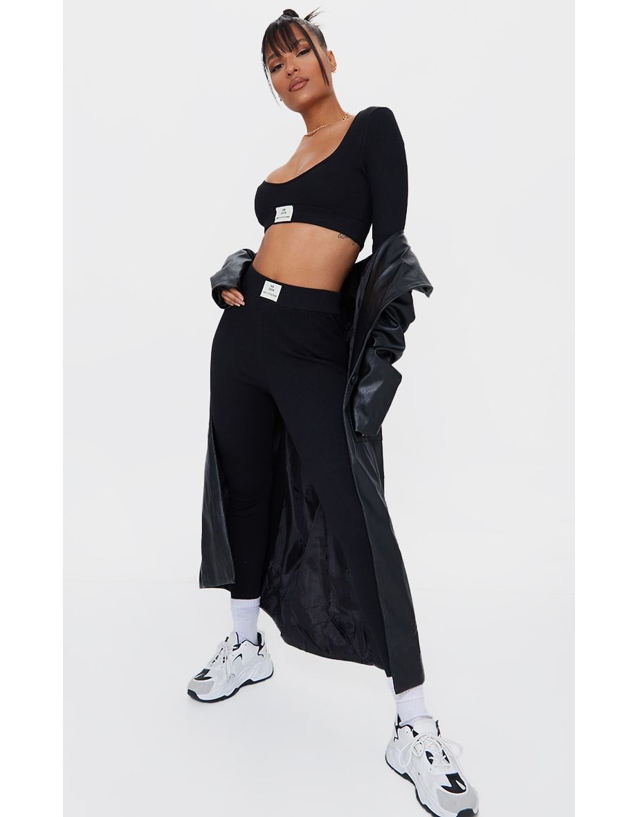 PRETTYLITTLETHING Black Rib New Season Badge Leggings