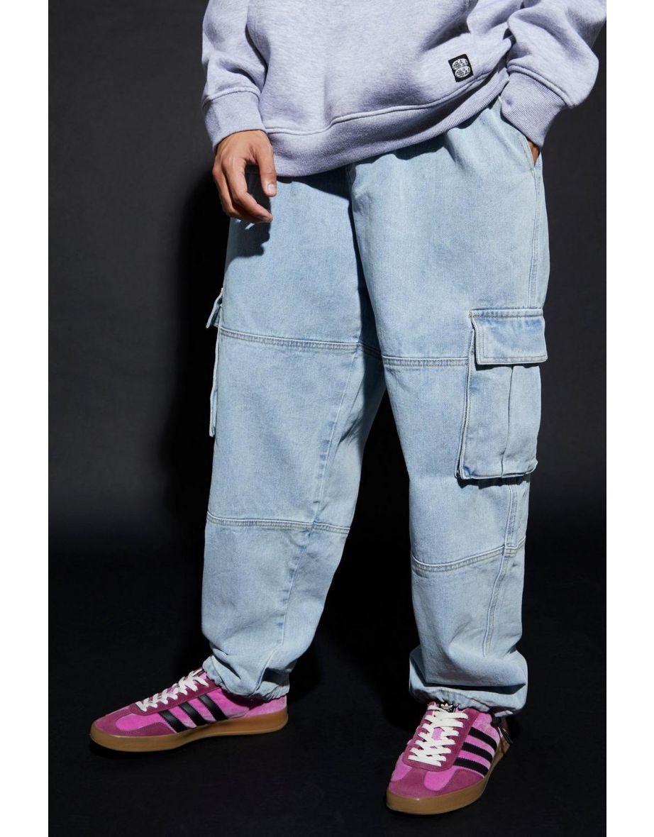 Baggy Cargo Jeans With Elasticated Waistband - light blue