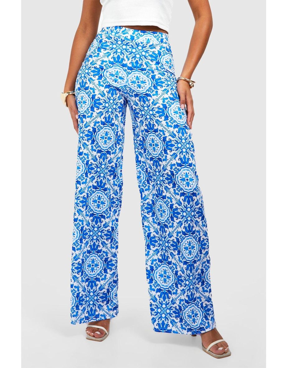 Tile Printed Wide Leg Trousers - blue - 3