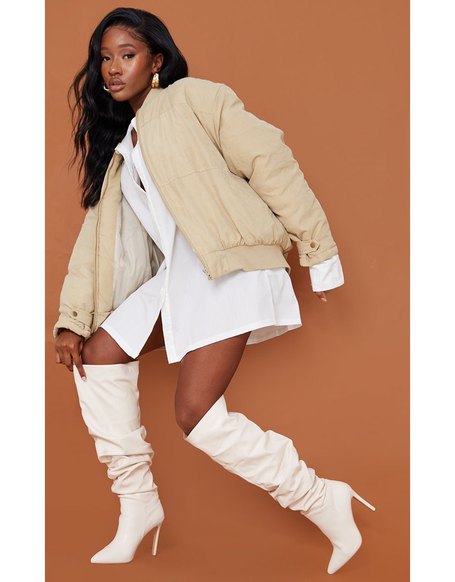 Shop Cream Faux Leather Slouch Over The Knee Boots Online in Kuwait VogaCloset