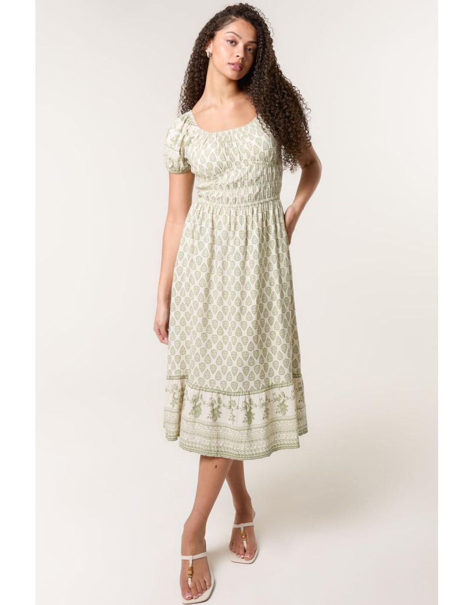 Border Print Puff Sleeve Midi Dress