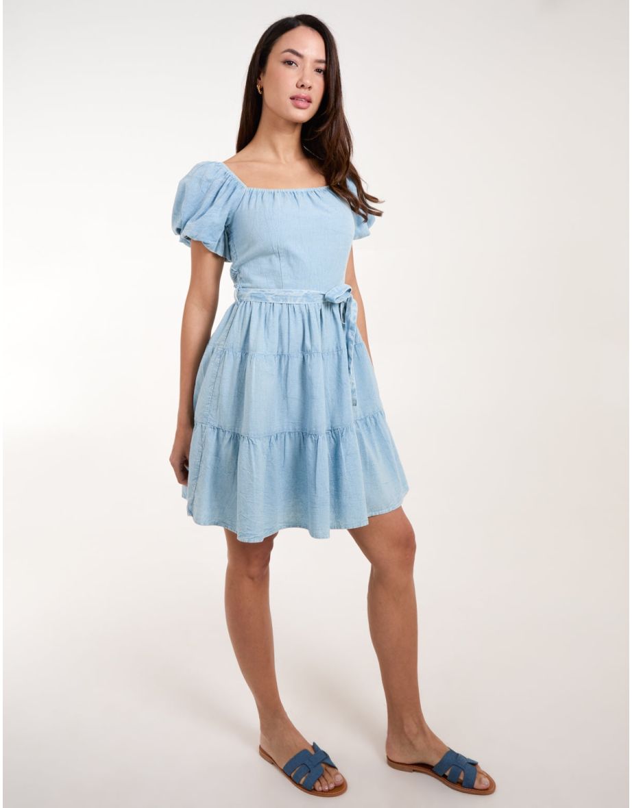 Blue Vanilla Off-Shoulder Denim A-Line Mini Skater Dress