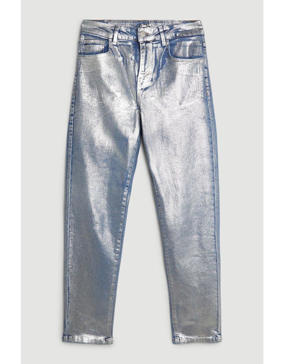 High Rise Slim Leg Silver Foiled Jeans - 3