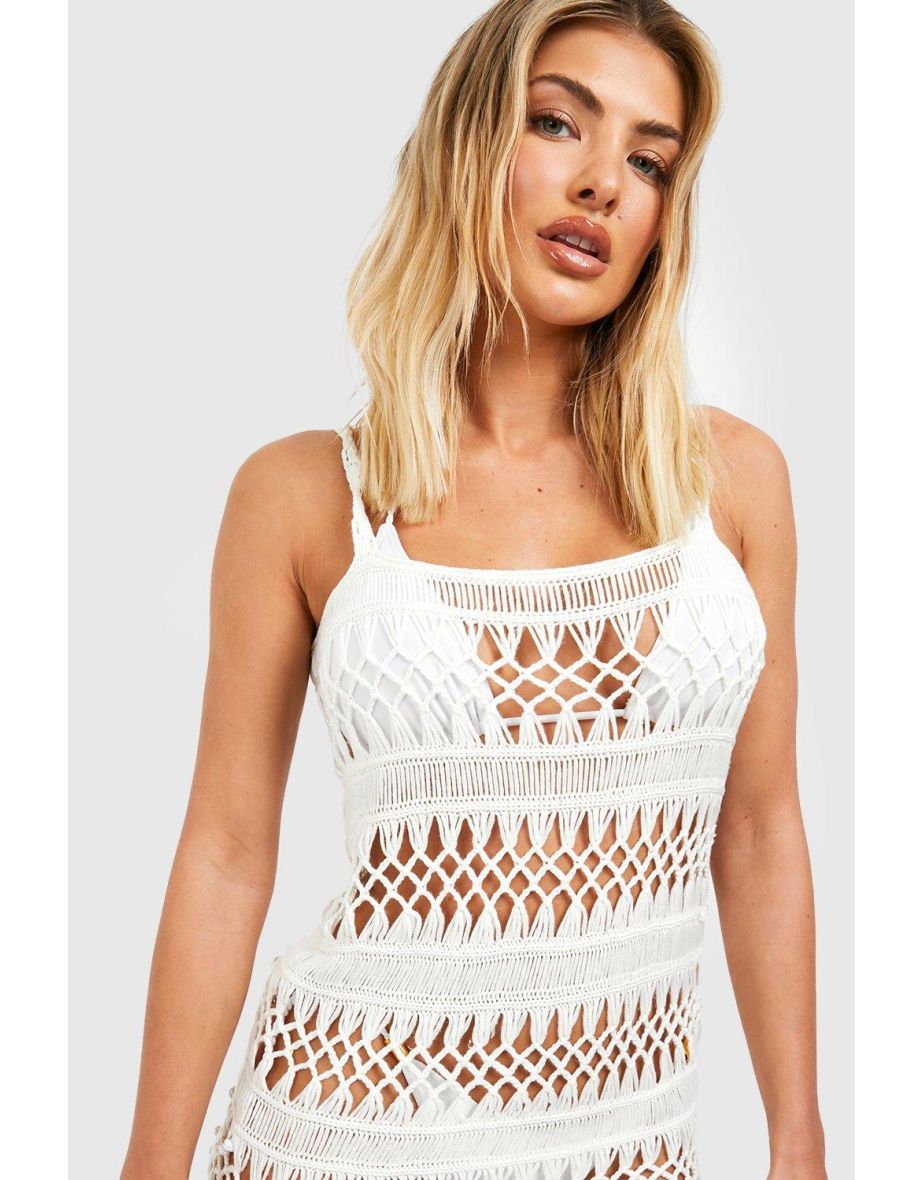Crochet Fringed Strappy Beach Dress - cream - 2