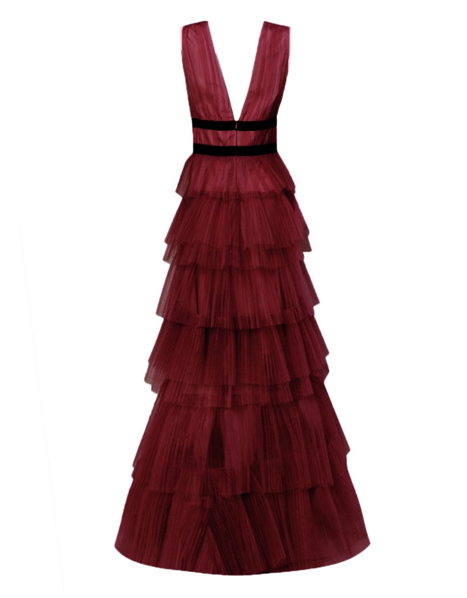 Eliza Burgundy Plunging Neck Layered Tulle Skirt  Dress - 3