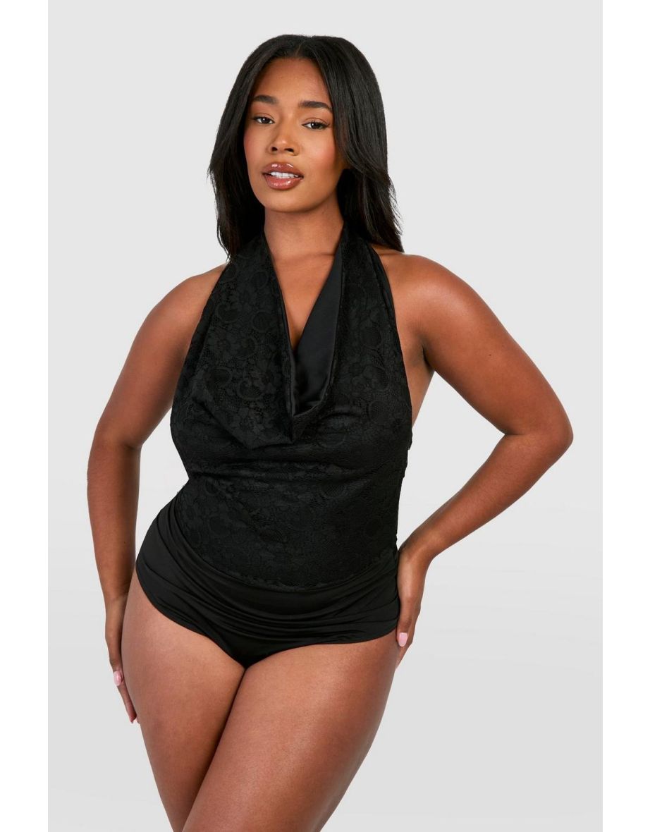 Plus Lace Halter Neck Bodysuit - black - 3