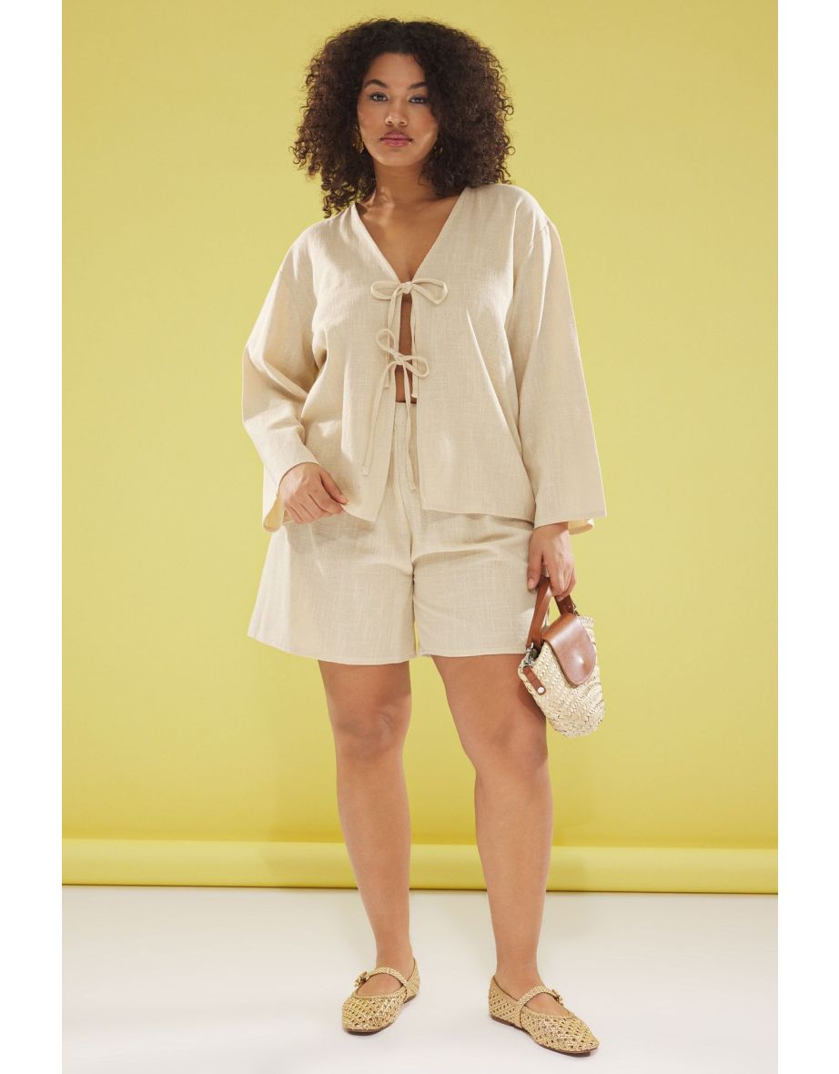 Beige V Neck Tie Detail Cotton Flam Beachwear Plus Size Top-Bottom Set