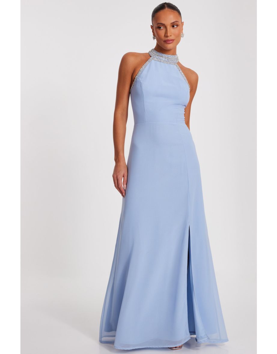 Light Blue Embellished Chiffon Maxi Dress