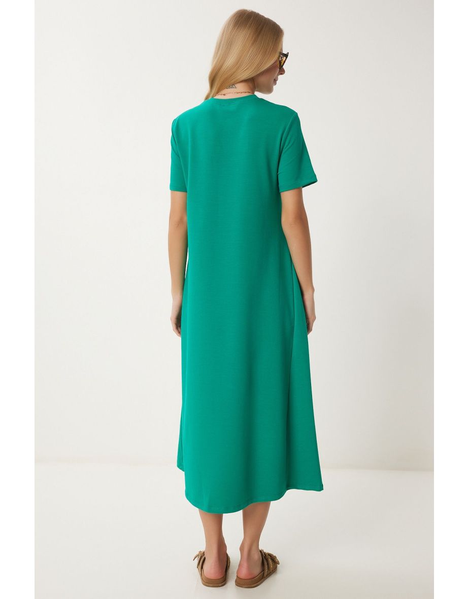Women's Dark Green A-Line Summer Cotton Dress - 4