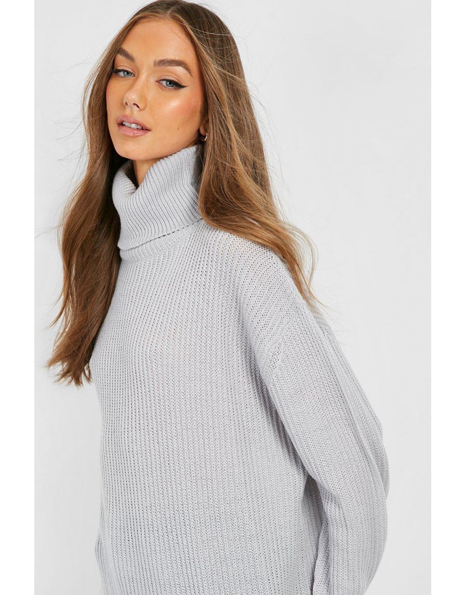 Oversized Roll Neck Rib Knitted Jumper - silver - 3