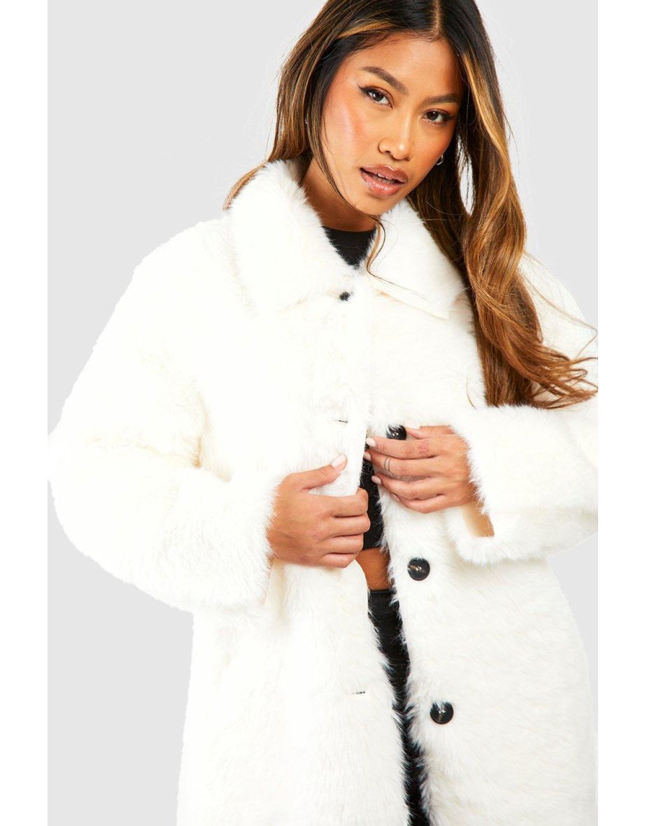 Button Through Faux Fur Coat - ivory - 3