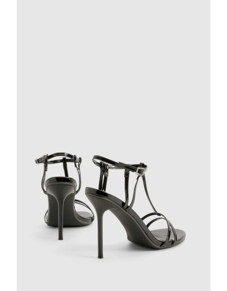 Patent Strappy T Bar Detail Stiletto Heels - black - 3